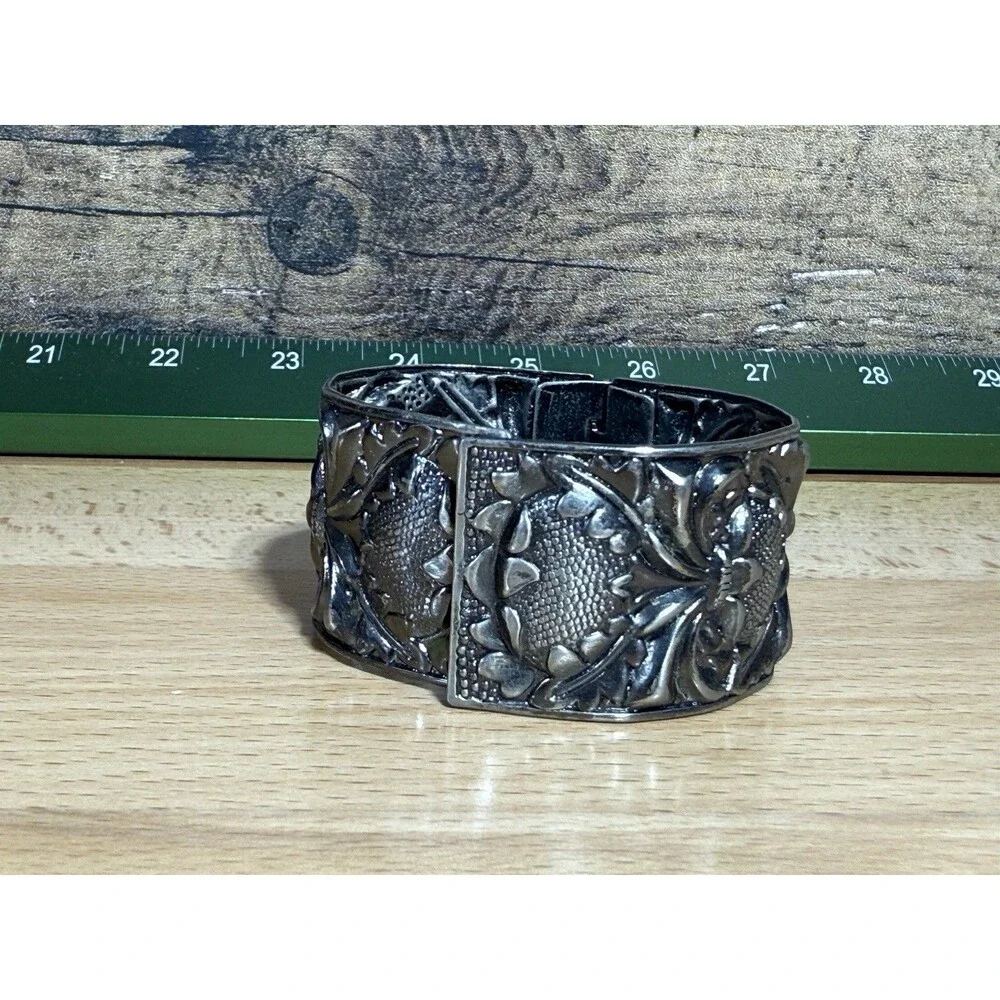 Unique Vintage Silvertone Art Nouveau Bracelet Repousse  Renaissance Rustic